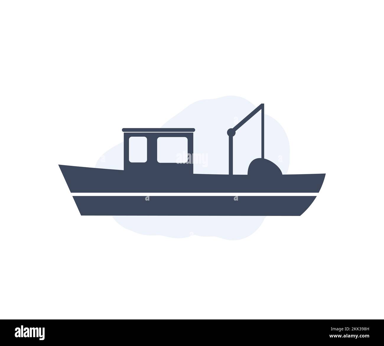 Barca da pesca inghiottire una barca da pesca sul disegno del marchio dell'acqua. Silhouette della barca da pesca. Viaggi in mare yacht trasporto, pesca a strascico, Seiner nautico. Illustrazione Vettoriale