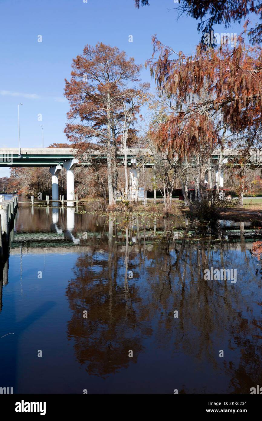Vista di una sezione del ponte a doppio raggio in acciaio che porta la US 13 sul fiume Pocomoke, Maryland, dal Cypress Park Foto Stock