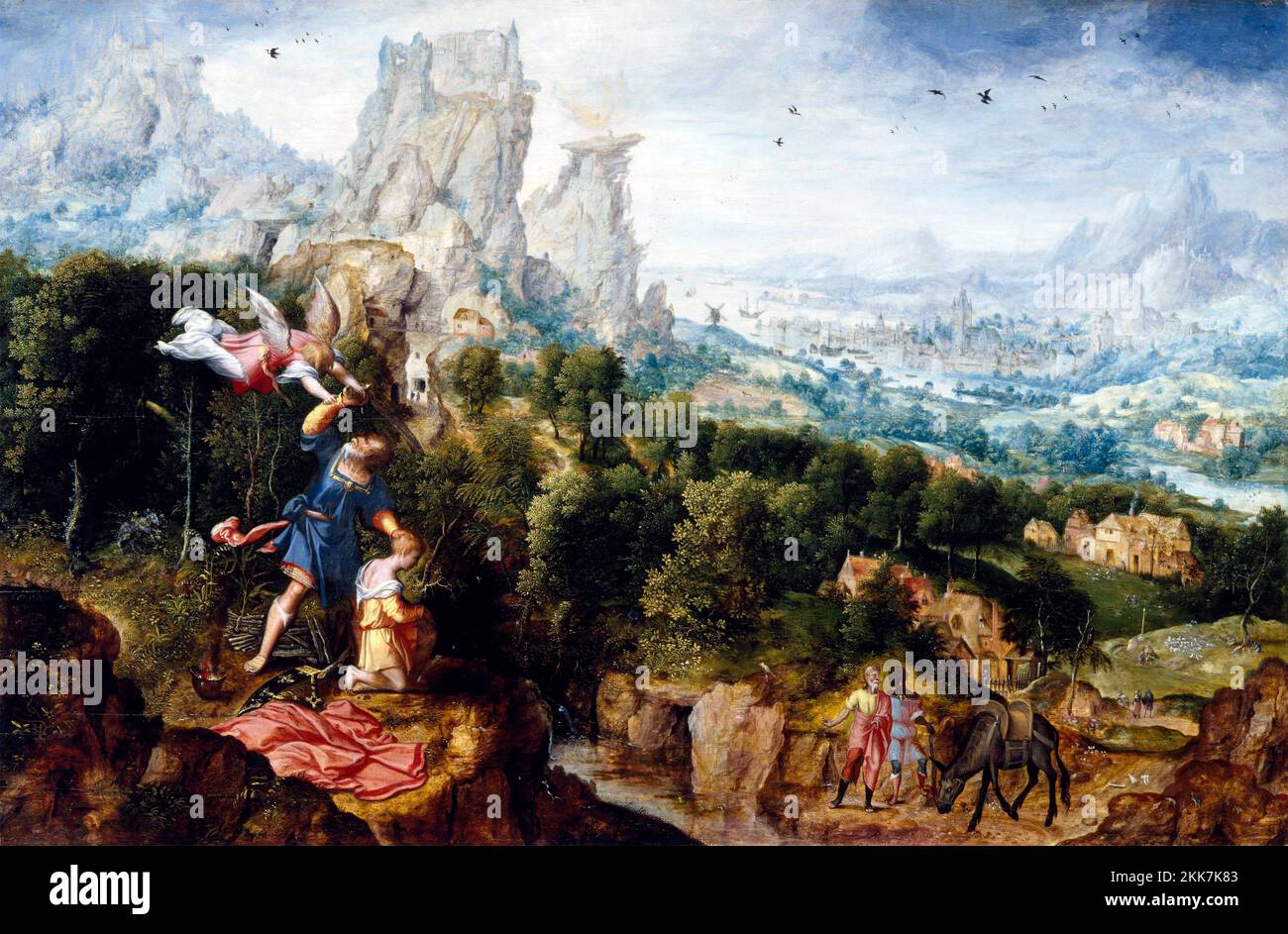 Paesaggio con l'offerta di Isaac da parte dell'artista fiammingo, Herri Met de Bles (circa 1490 - dopo il 1566), olio su pannello, circa 1540 Foto Stock