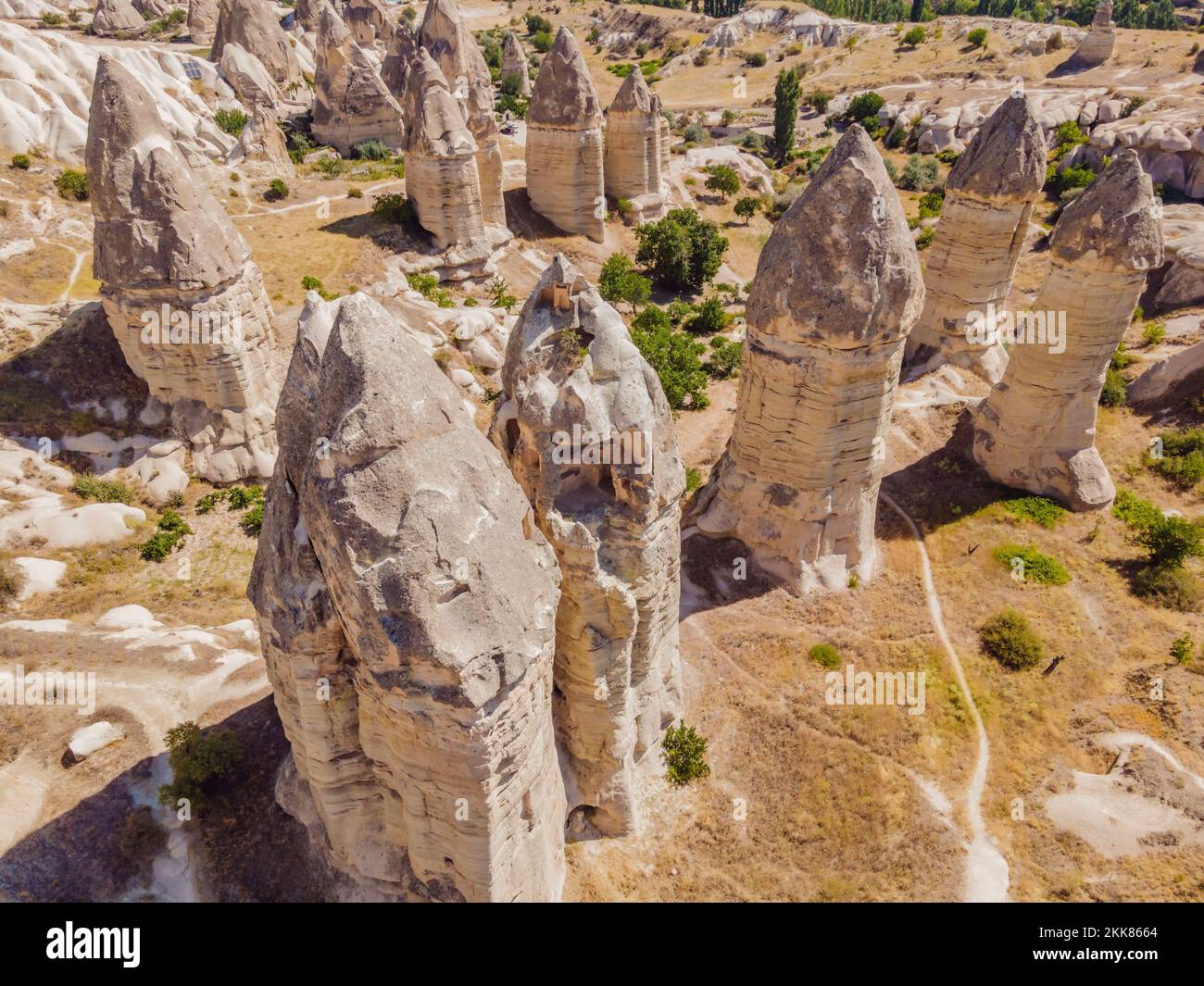 Formazioni geologiche uniche in Love Valley in Cappadocia, popolare destinazione di viaggio in Turchia Foto Stock