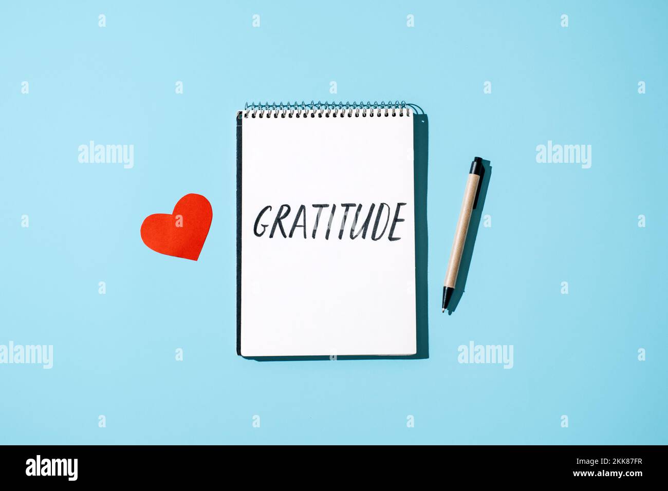 Come praticare la gratitudine. Parola gratitudine in un taccuino aperto sul tavolo. Nota apprezzare le cose buone, esprimere gratitudine a te stesso. Parola gratitudine e. Foto Stock