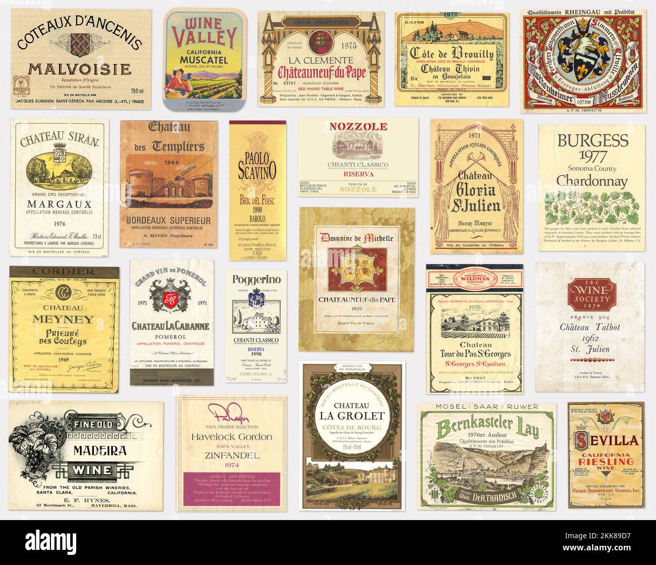 Collezione di vecchie etichette di bottiglie di vino, sfondo retro cantina Foto Stock