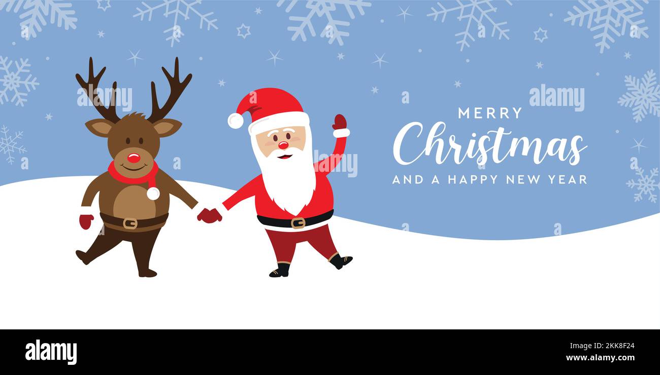 biglietto di auguri natalizio con cervi carini e babbo natale su sfondo innevato Illustrazione Vettoriale