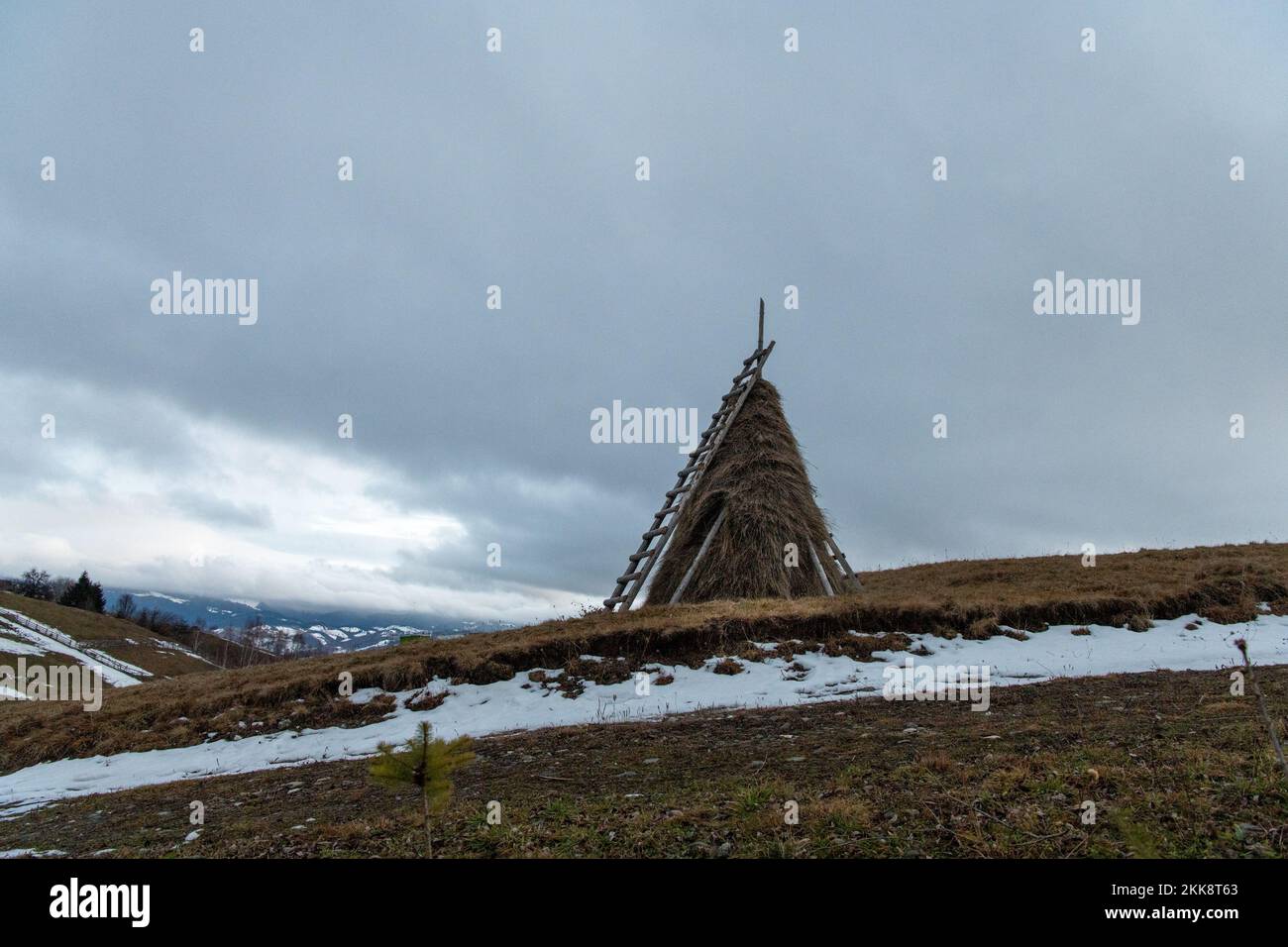 Carpathian, Romania, 2021-12-28. Balla paglia con scaletta. Foto Stock