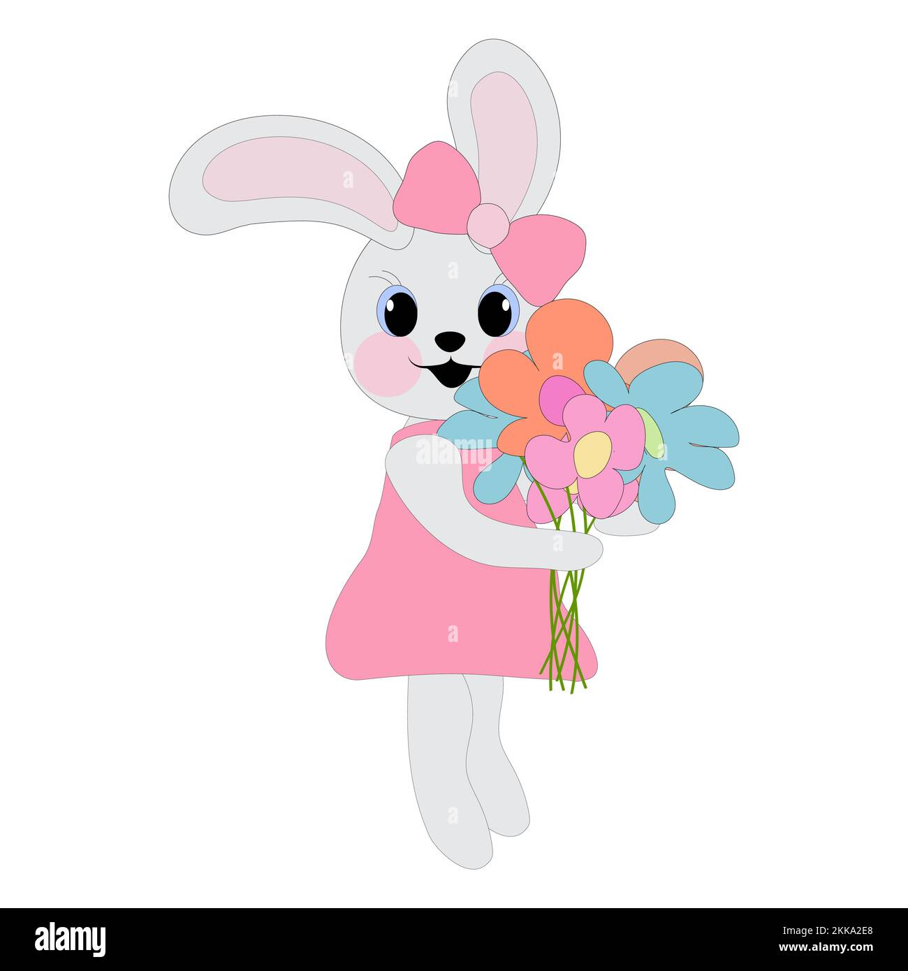 Bunny ragazza in un vestito rosa che tiene i fiori nelle sue zampe. Simbolo di 2023. Concetto di Pasqua. Libro da colorare per bambini. Immagine vettoriale. Illustrazione Vettoriale