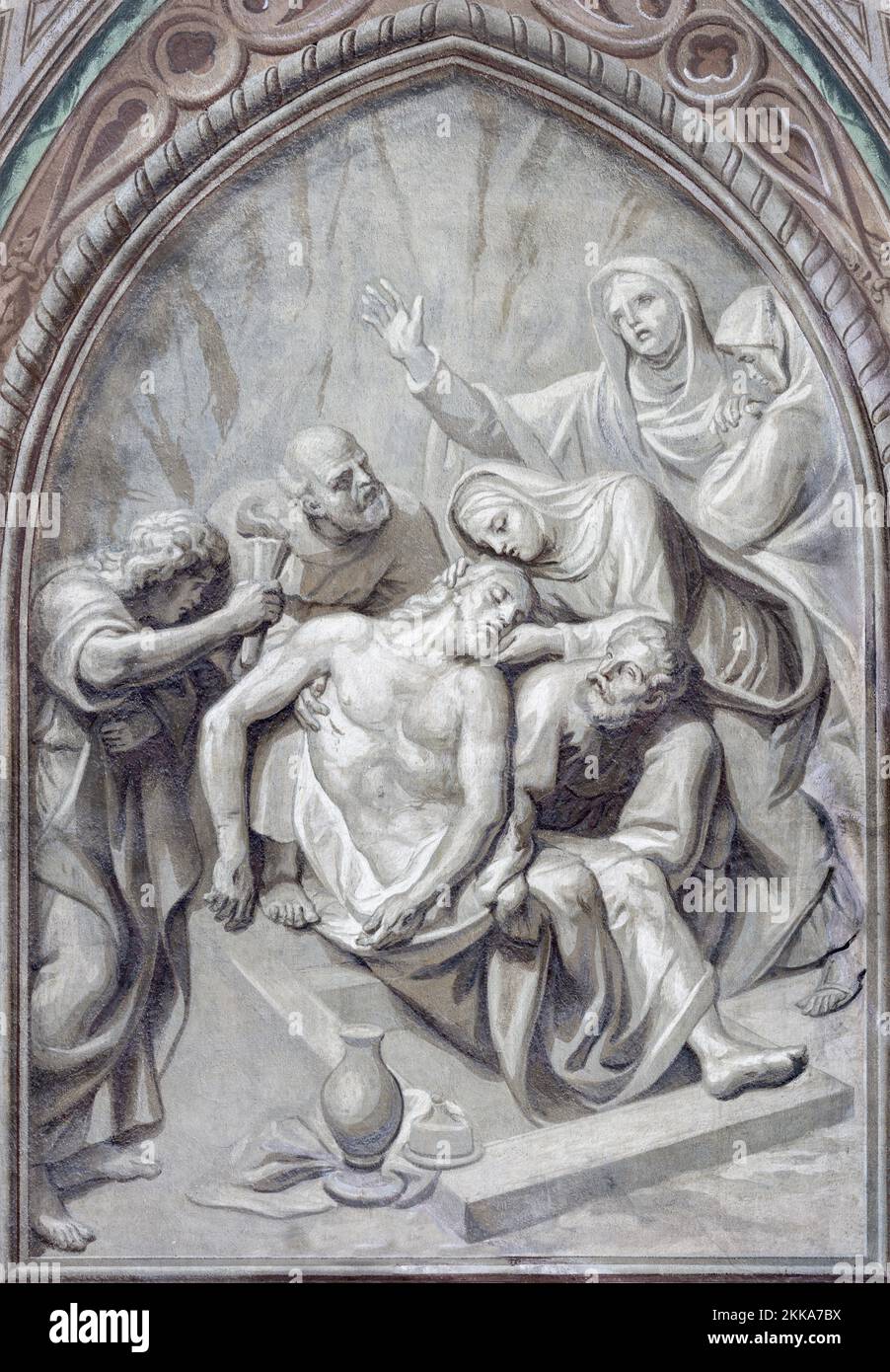 BIELLA, ITALIA - 15 LUGLIO 2022: Affresco di sepoltura di Gesù in Duomo di Giovannino Galliari (1784). Foto Stock