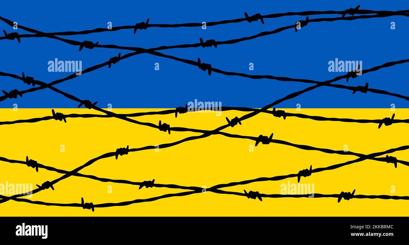 Bandiera Ucraina dietro la recinzione di filo spinato. Fermare il concetto di guerra. Pregate per l'Ucraina Illustrazione Vettoriale