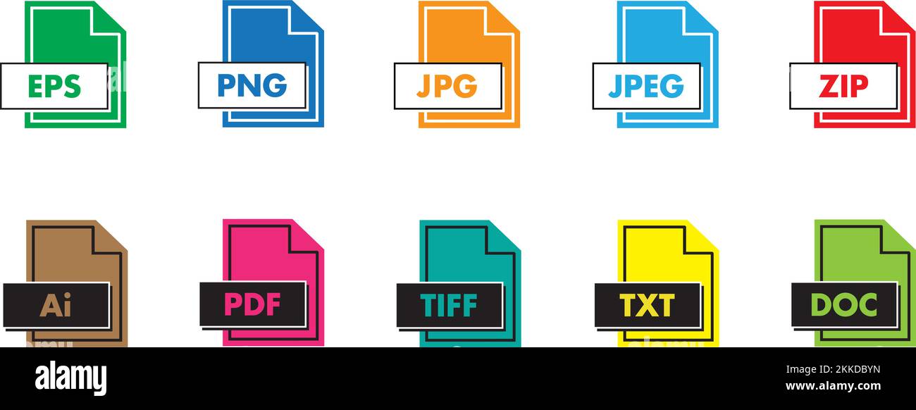 Illustrazione vettoriale di un insieme di formati di file di documenti diversi su sfondo bianco Illustrazione Vettoriale