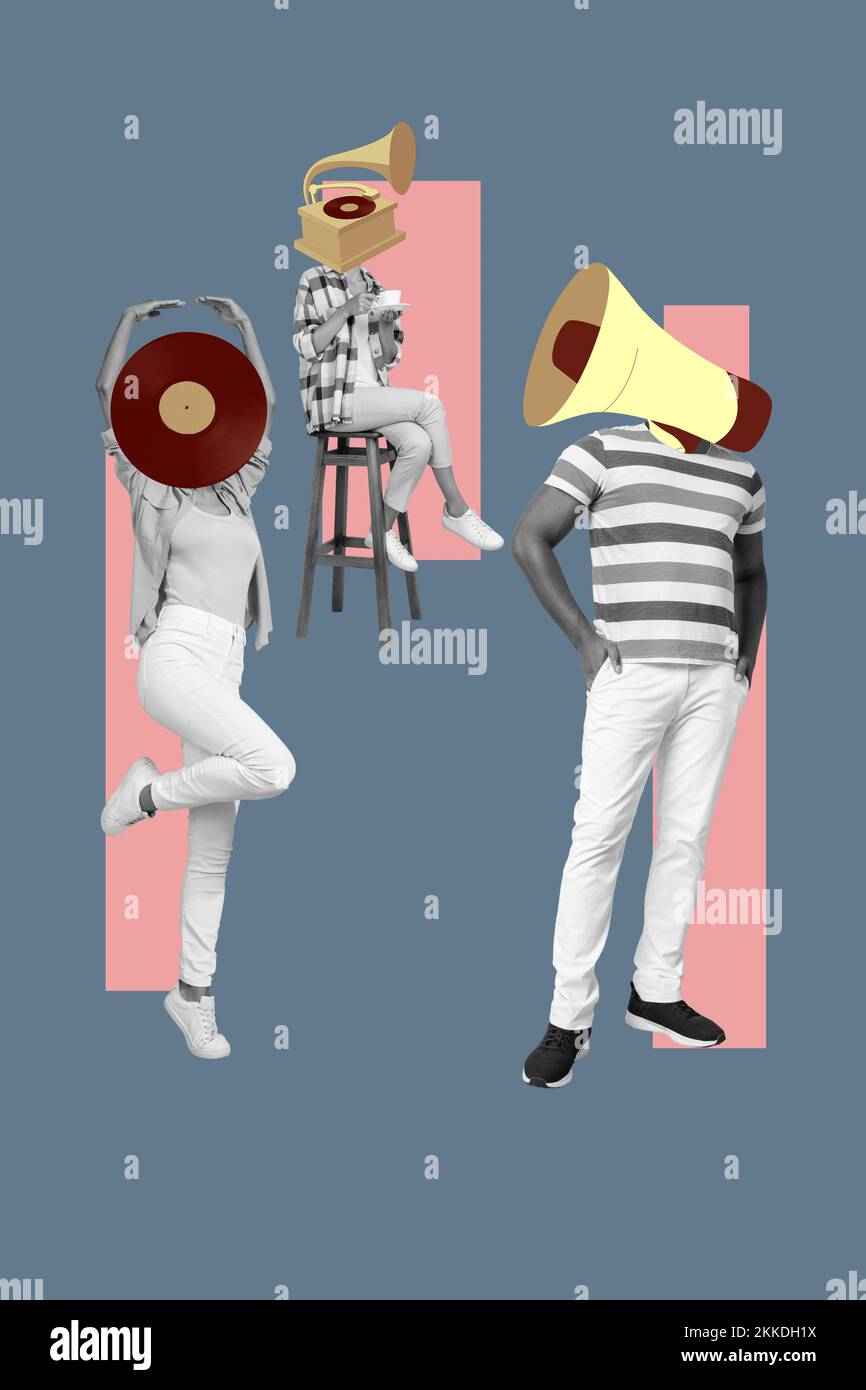 Creative 3D collage artwork poster cartolina di tre persone strumenti invece capo relax riposo godere festa isolato su sfondo disegno Foto Stock