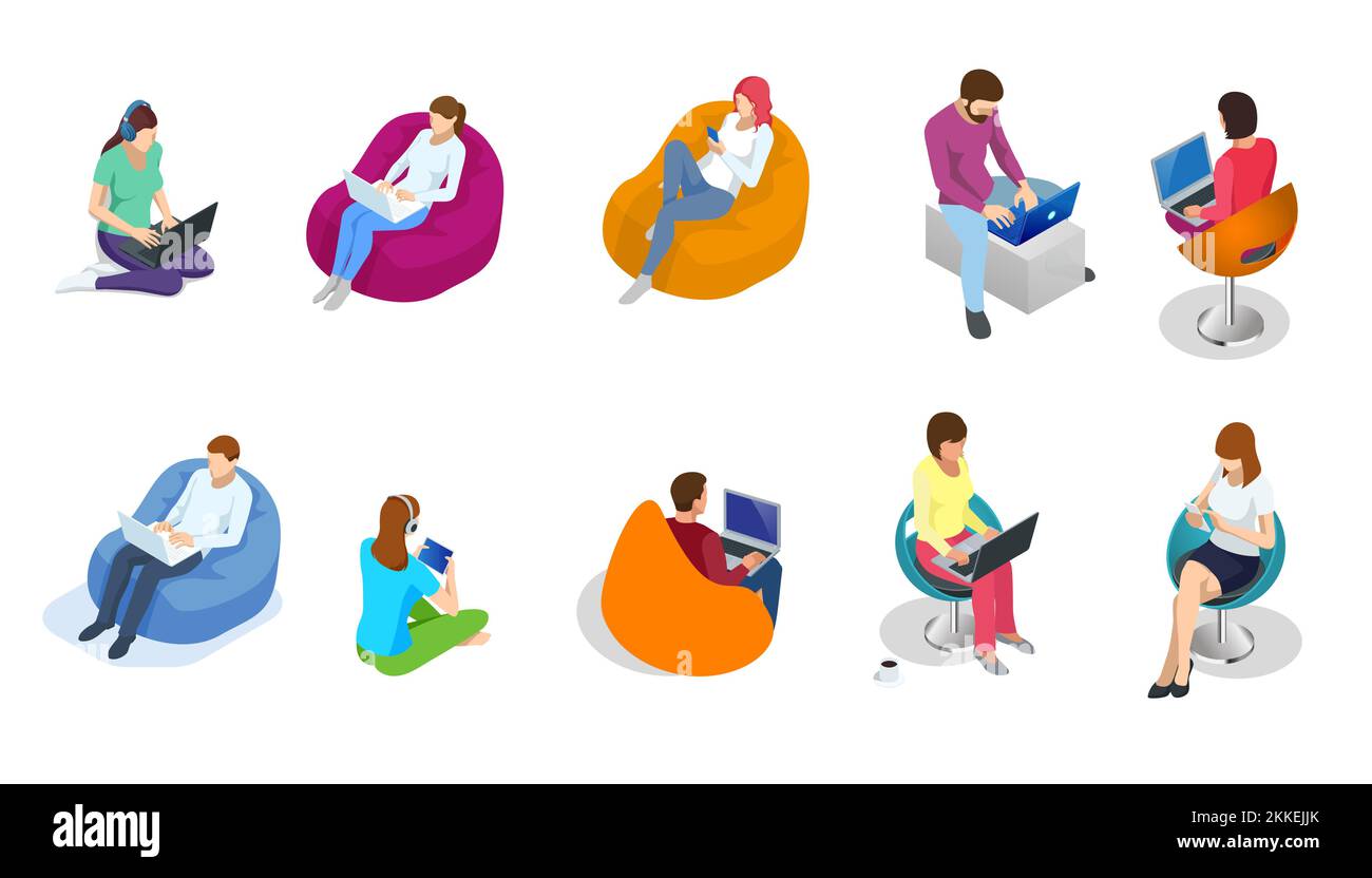 Diverse icone isomeriche persone set. Lavoro a casa, spazio di coworking. Riunione online modulo di lavoro a casa Illustrazione Vettoriale