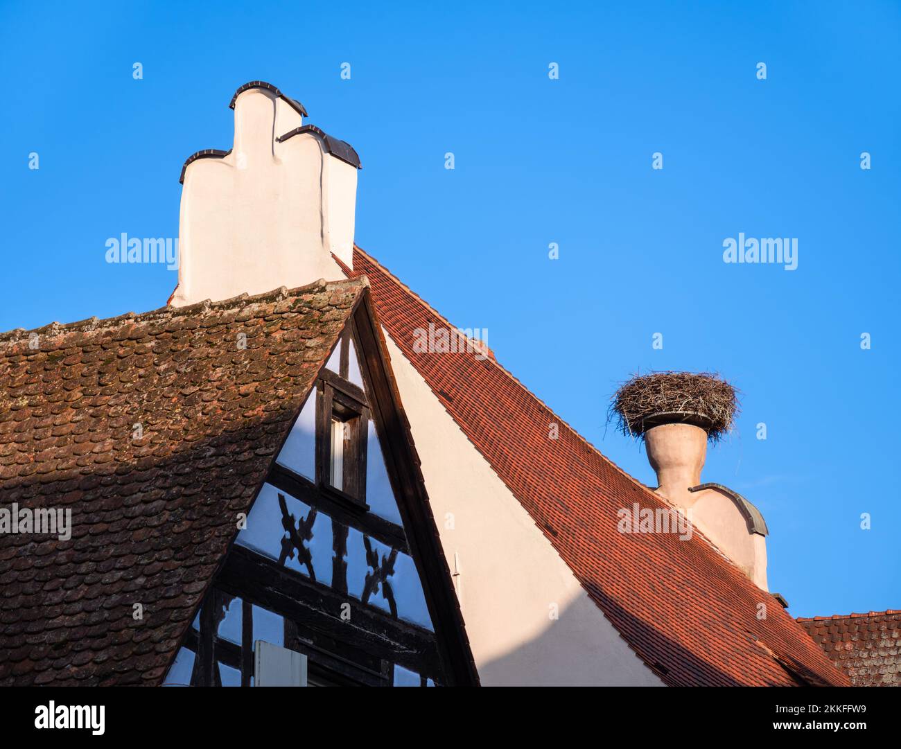 Il tetto di una casa tradizionale a Riquewihr, Alsazia, Francia. C'è un nido di paglia di cicogne sul camino del tetto Foto Stock