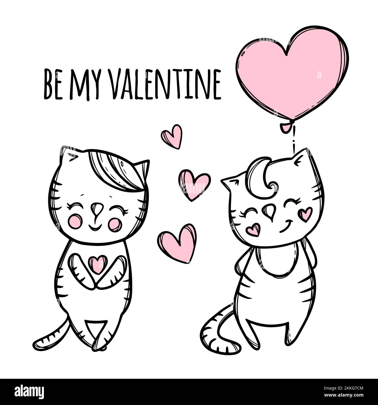 CUCCIOLI D'AMORE Scrubbed Kitty con cuore Balloon stand accanto al suo amato gatto San Valentino Cartoon animali disegnati a mano clip Art Vector Illustration Fo Illustrazione Vettoriale