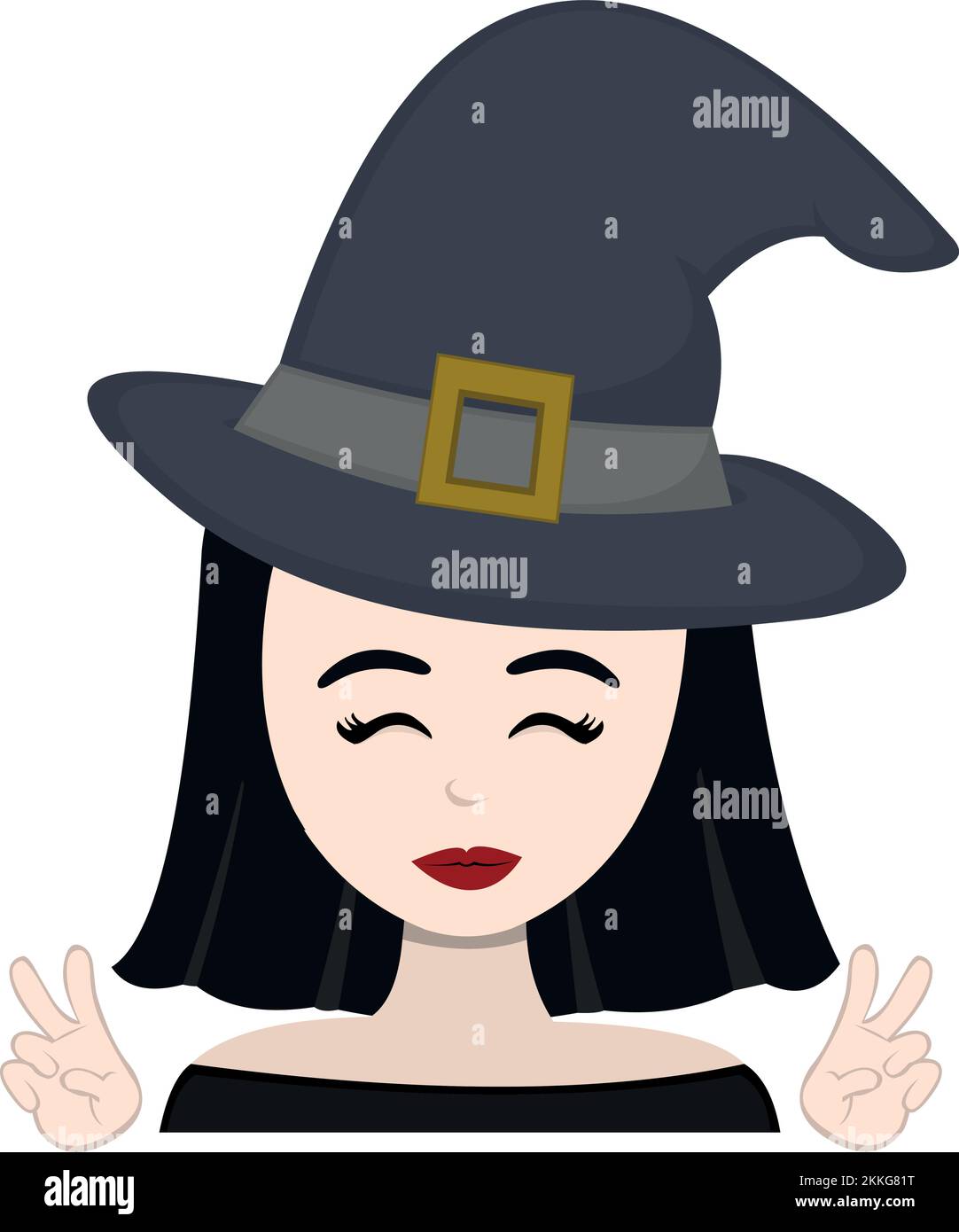 illustrazione vettoriale del volto di una strega cartoon con un'espressione felice, facendo il classico gesto di amore e di pace o v vittoria con le sue mani Illustrazione Vettoriale