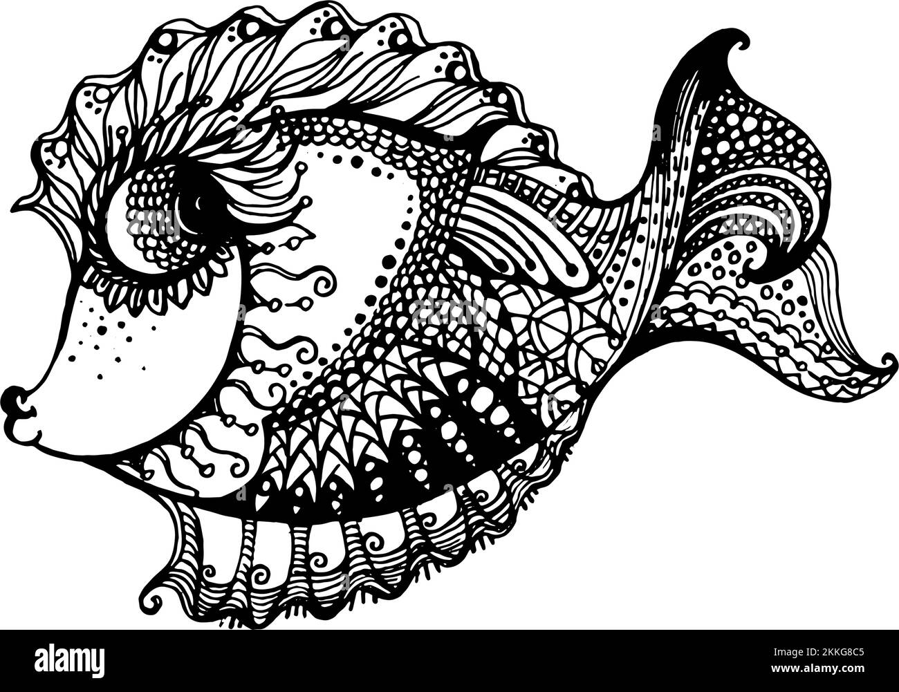 Zentangle Pesce stilizzato. Disegno a mano Doodle Illustrazione isolato su sfondo bianco. Schizzo per tatuaggio Illustrazione Vettoriale