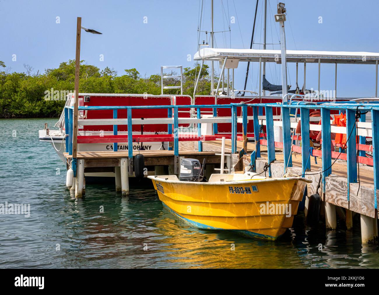Variopinte scenografie portuali a la Parguera, sull'isola tropicale dei Caraibi di Puerto Rico, USA. Foto Stock