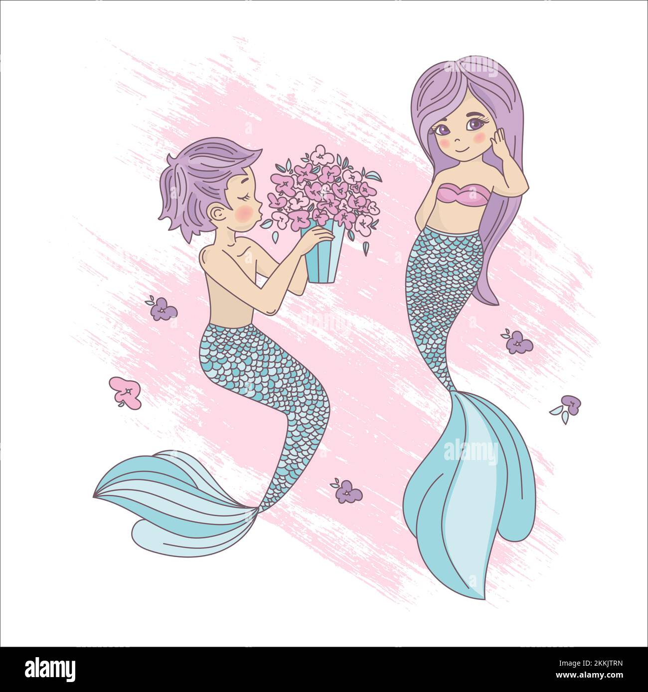 MERMAID BOY Sea Princess Girl Cartoon Travel Tropical clip Art Vector Illustration Set for Print Illustrazione Vettoriale