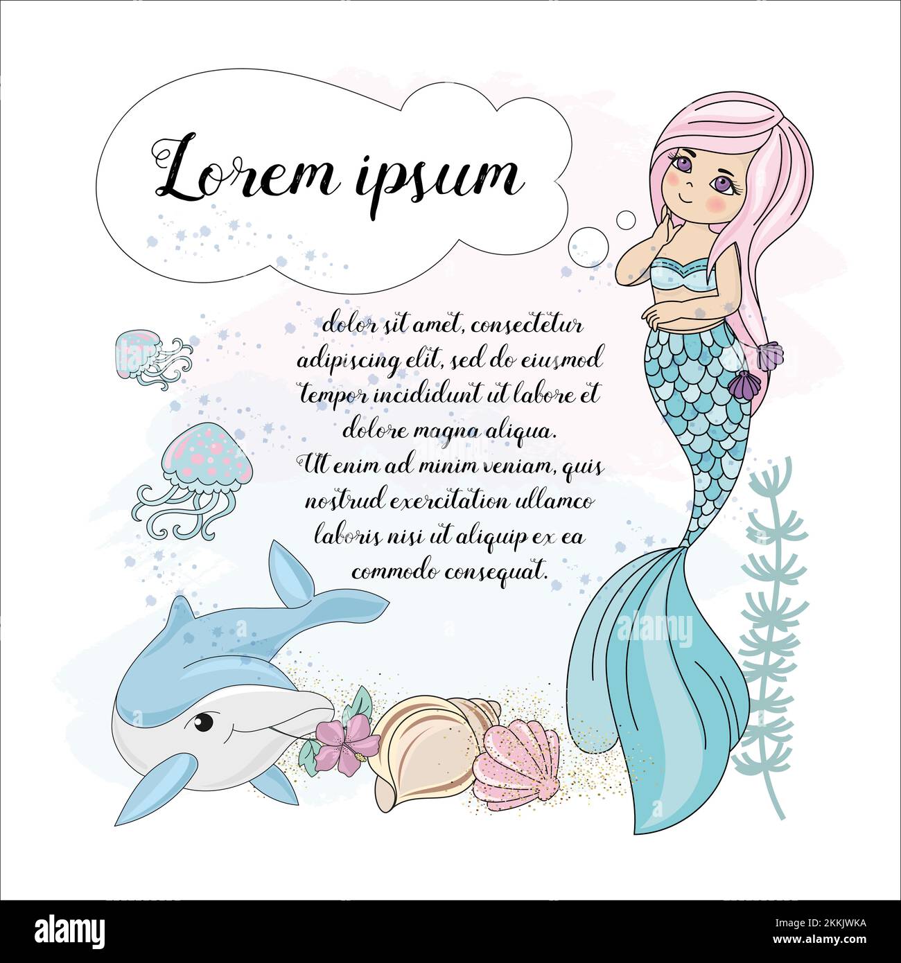MERMAID DREAM Sea Princess Girl Cartoon Travel Tropical clip Art Vector Illustration Set for Print Illustrazione Vettoriale