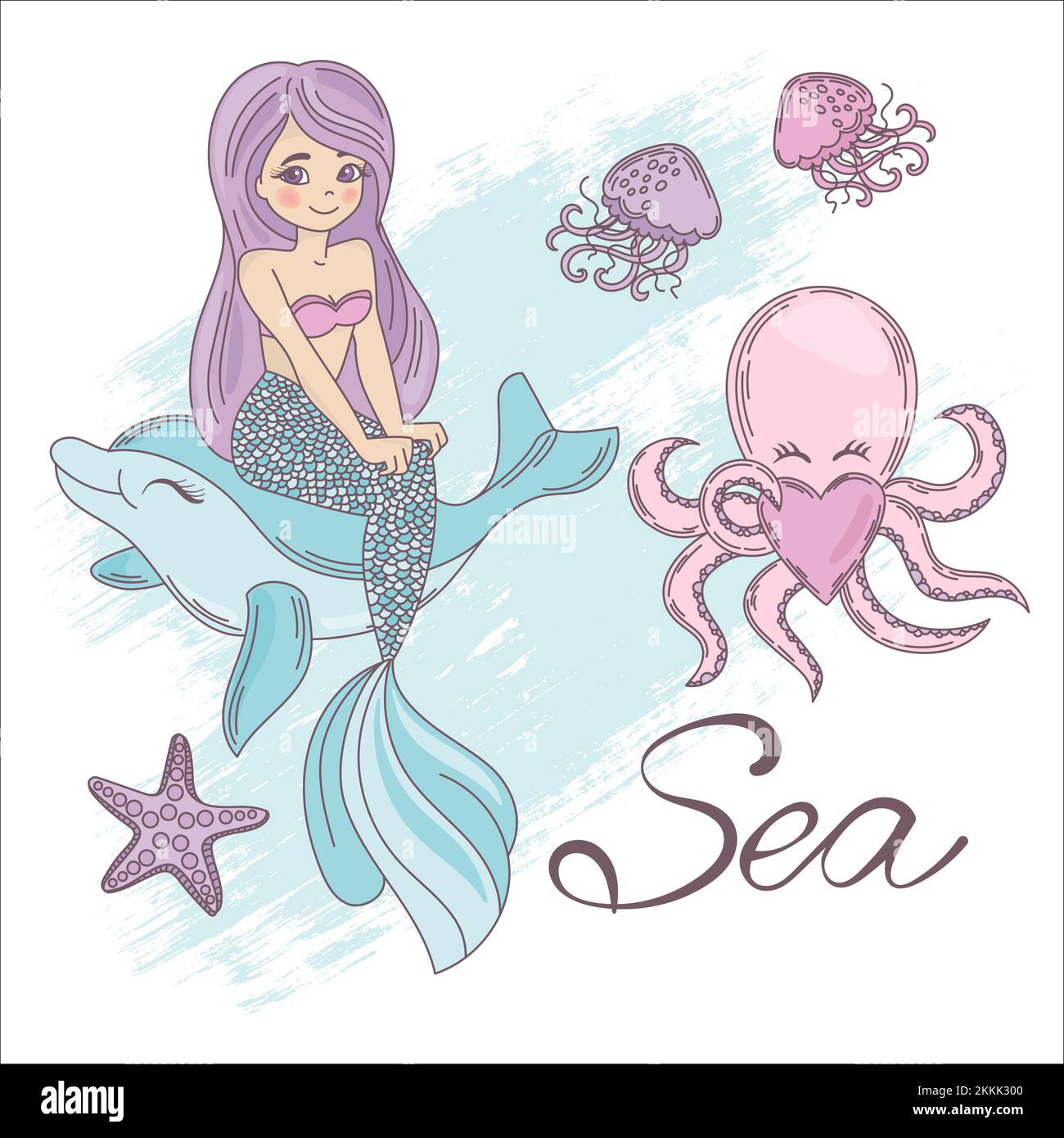 MERMAID SEA Underwater Princess Girl Cartoon Travel Tropical clip Art Vector Illustration Set for Print Illustrazione Vettoriale