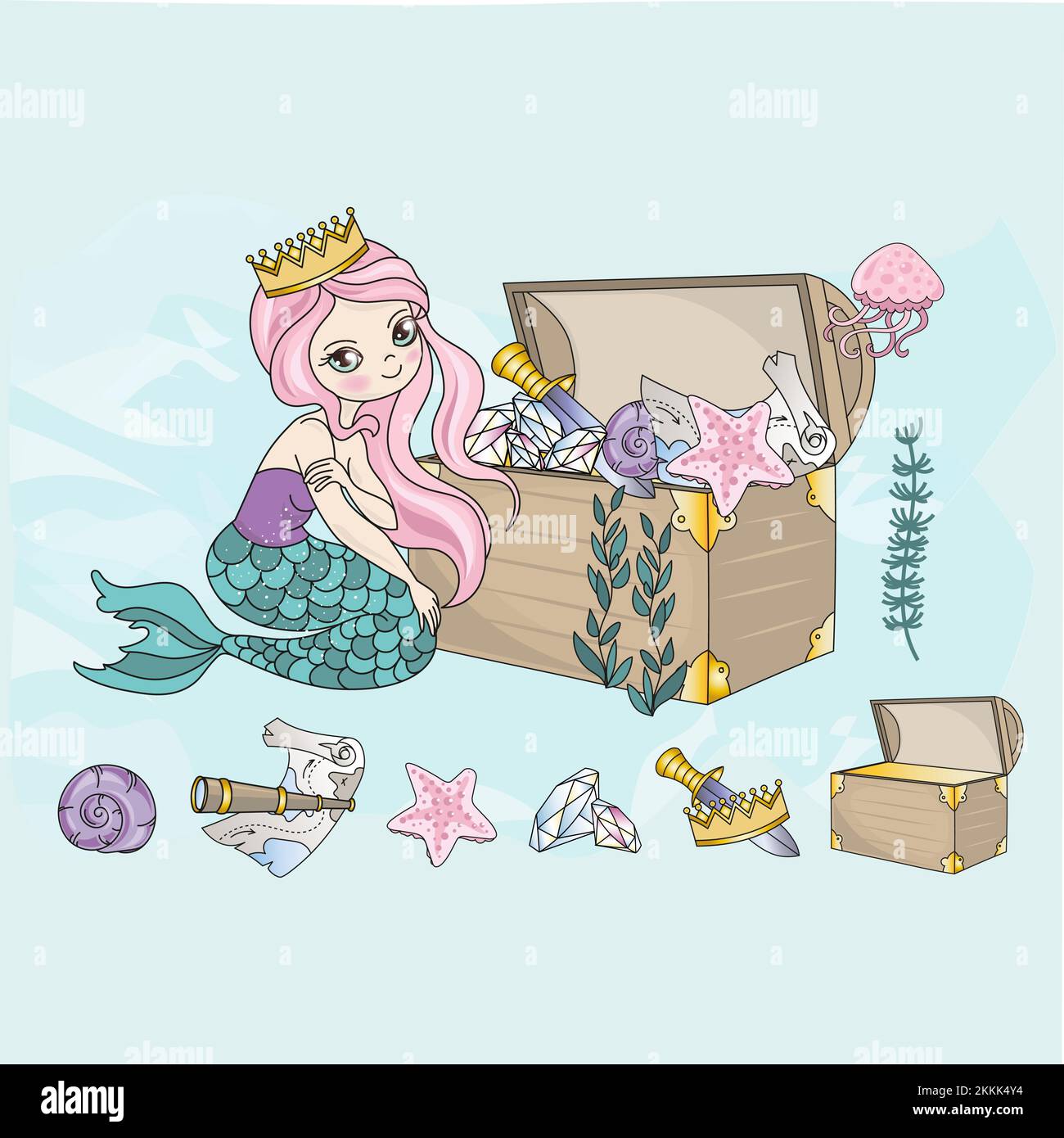 MERMAID TREASURES Sea Underwater Princess Girl Magic Cartoon Travel Tropical clip Art Vector Illustration Set for Print Illustrazione Vettoriale