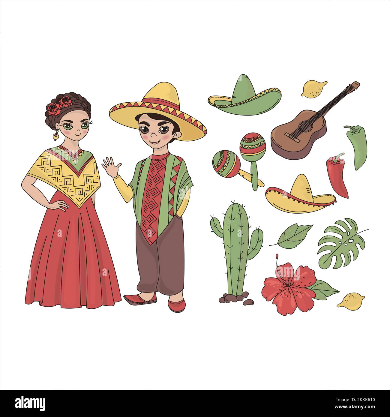 MESSICO VIAGGIO Cartoon viaggio di vacanza Folk etnico latino clip Art Vector Illustration Set for Print Illustrazione Vettoriale