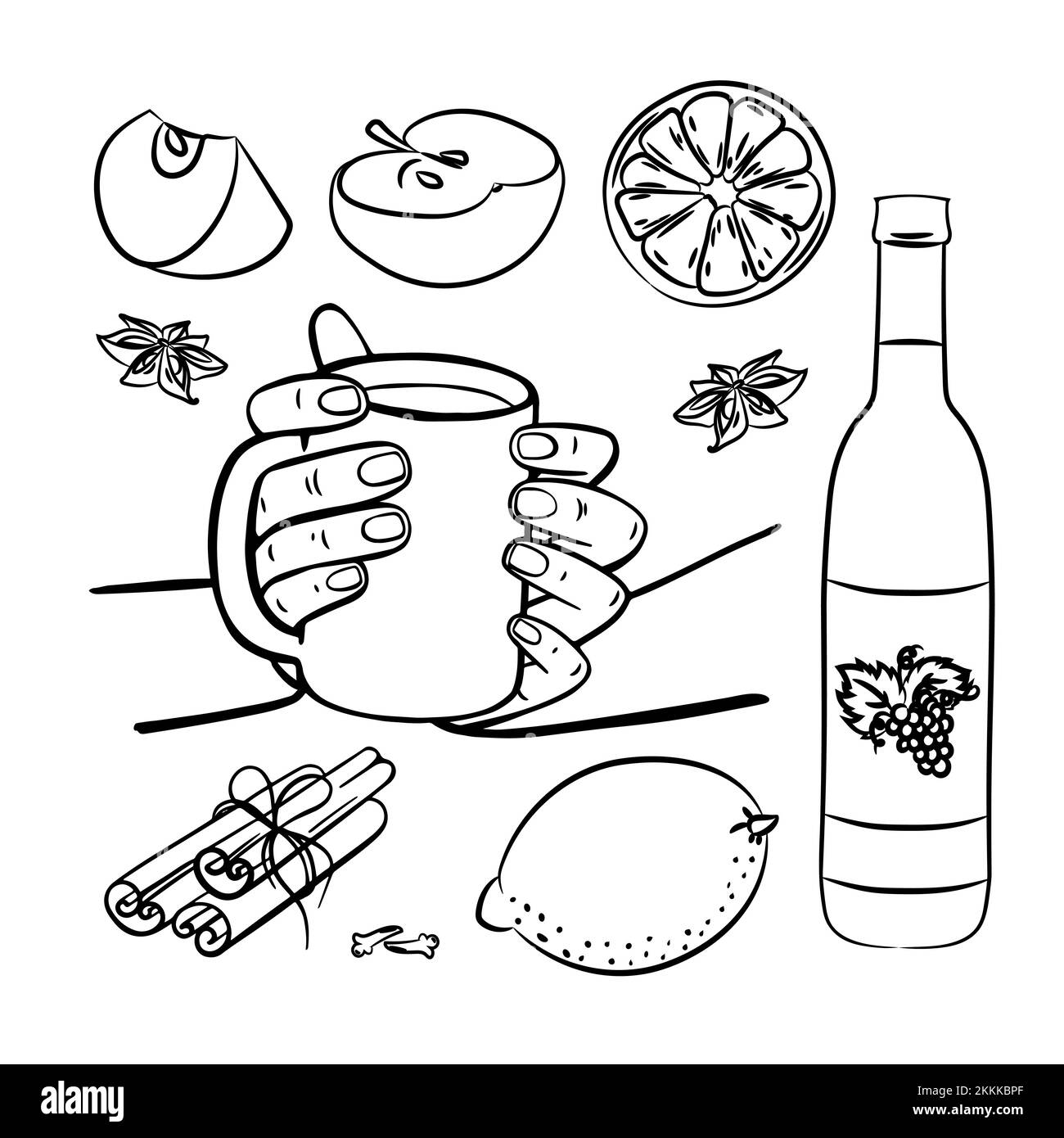 VIN BRULÉ SPEZIE E FRUTTA Merry Natale Capodanno drink Dessert bevanda clip monocromatico Art Vector Illustration Set for Print Illustrazione Vettoriale