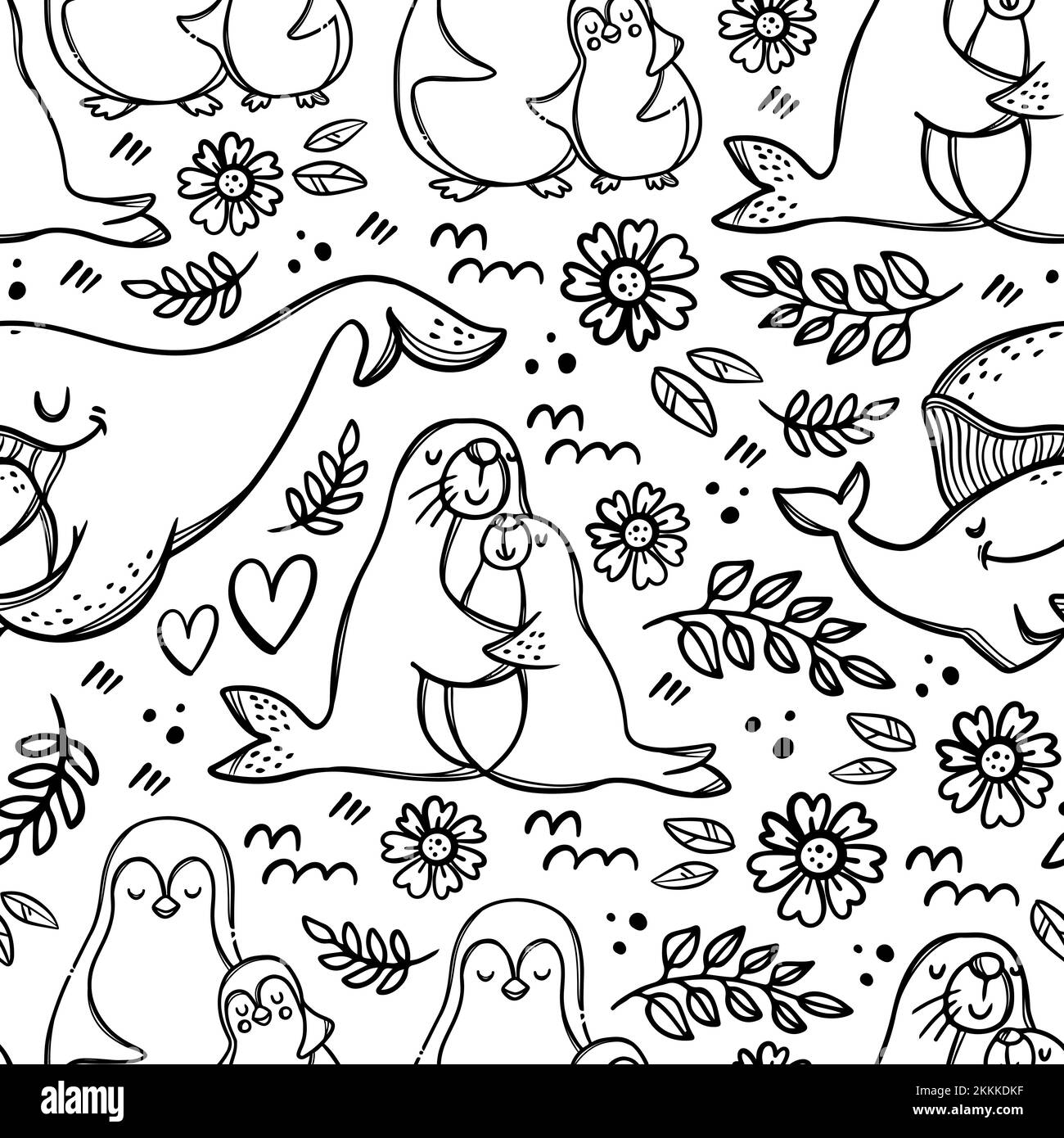 LA MIA BELLA MAMMA Mothers Day Sea Animals abbraccia e Kisses i loro figli relazione parentale Monocromo disegnato a mano senza cuciture modello Vector Illustration Illustrazione Vettoriale