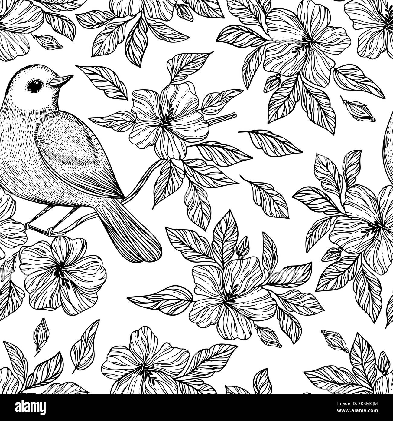 NIGHTINGALE ON BRANCH Hibiscus Flowers Monochrome disegno a mano in cinese e giapponese stili Cartoon senza cuciture modello Vector Illustration for Pr Illustrazione Vettoriale