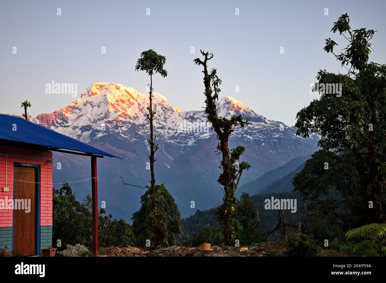 Alba nel massiccio di Annapurna in Himalaya, Nepal Foto Stock