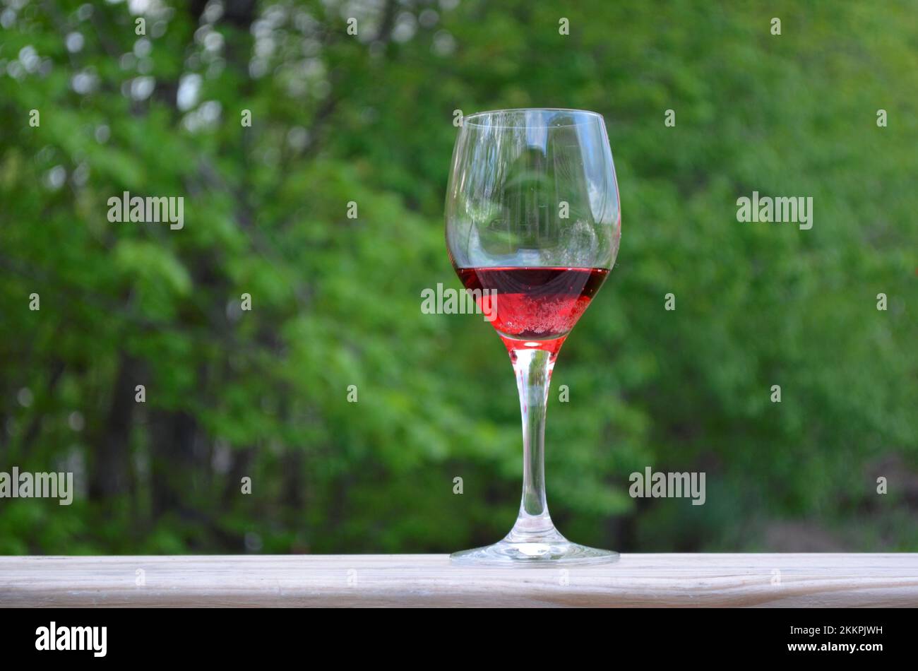 Bicchiere di vino con delizioso vino rosso Merlot in una giornata estiva e uno sfondo verde albero Foto Stock