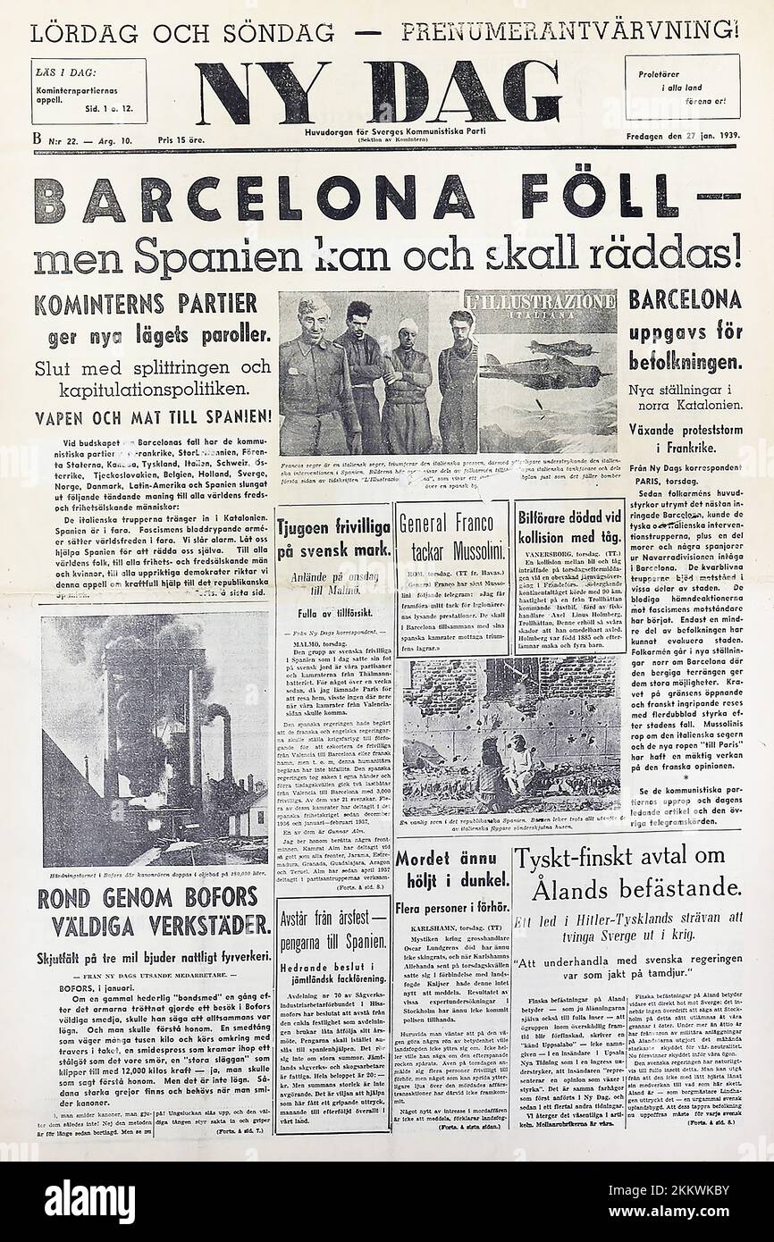 Giornale del Partito comunista di Svezia - NY DAG. Edizione del 1939. Pubblicato a Stoccolma (Svezia). Foto Stock