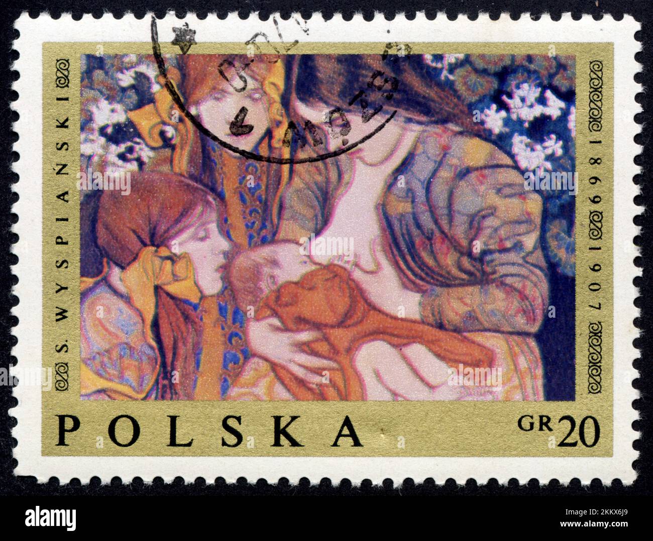 TIMBRO OBLITERE POLSKA.S. WYSPIANSKI 1869-1907.GR 20 Foto Stock