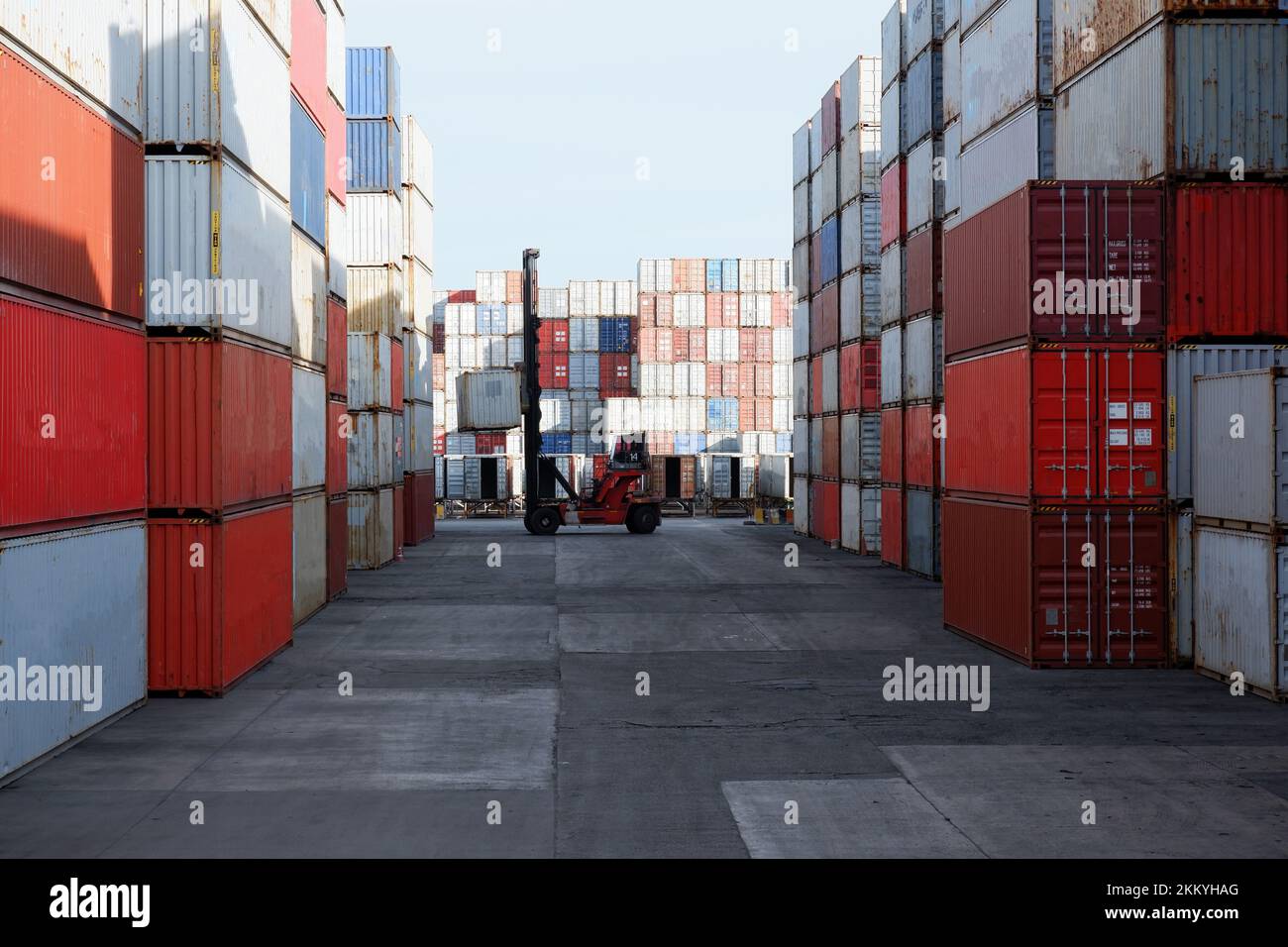 carrello elevatore nel cortile del container Foto Stock