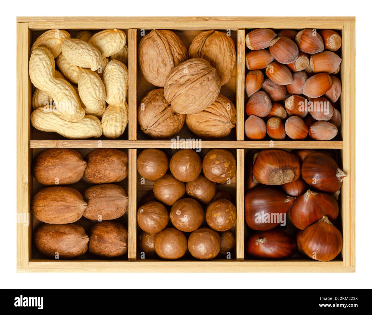 Mescolare sei dadi diversi nei loro gusci, assortiti, in scatola di legno. Arachidi, noci, nocciole, noci pecan, noci di macadamia e castagne dolci. Foto Stock