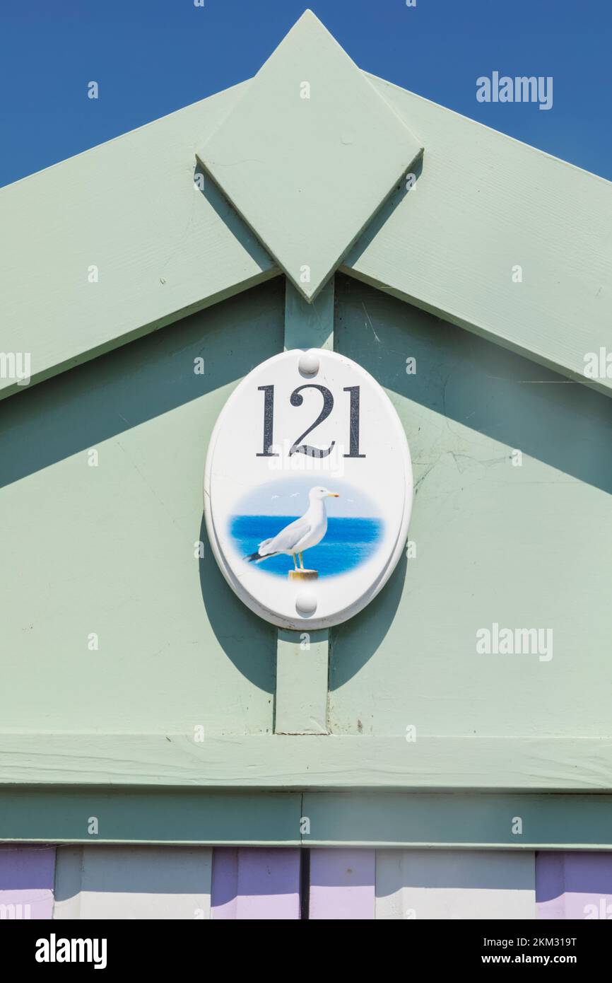 Inghilterra, East Sussex, Brighton, Hove, Beach Hut numero raffigurante il gabbiano Foto Stock