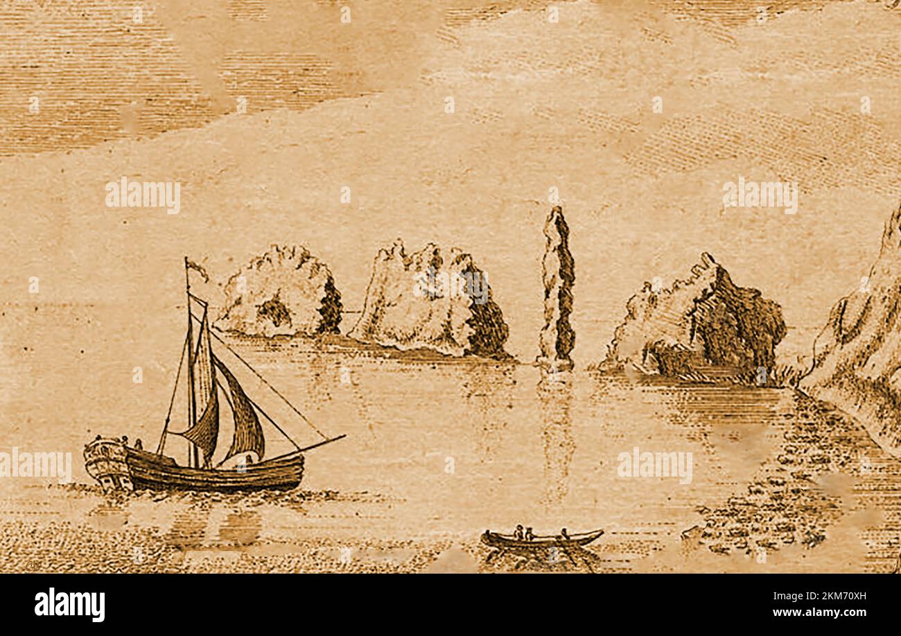 Una vista del 18th ° secolo della formazione di roccia di gesso Needles come è apparso a quel tempo. Gli aghi sono conosciuti in tutto il mondo e sono diventati un'attrazione turistica alla punta dell'Isola di Wight, Inghilterra. Il Faro di Needles , costruito nel 1859, si trova ora all'estremità esterna, occidentale della formazione. Presumibilmente tutte le cime delle rocce erano una volta come quella che si vede qui. Fu chiamata moglie di Lot, e crollò durante una tempesta nel 1764 Foto Stock