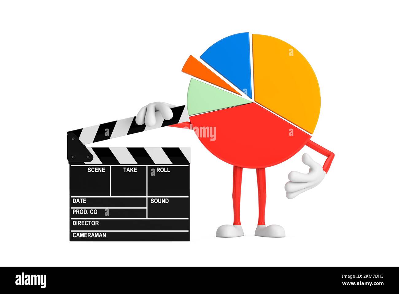 Info Grafica Business Pie Chart personaggio persona con Movie Clapper Board su sfondo bianco. rendering 3D Foto Stock