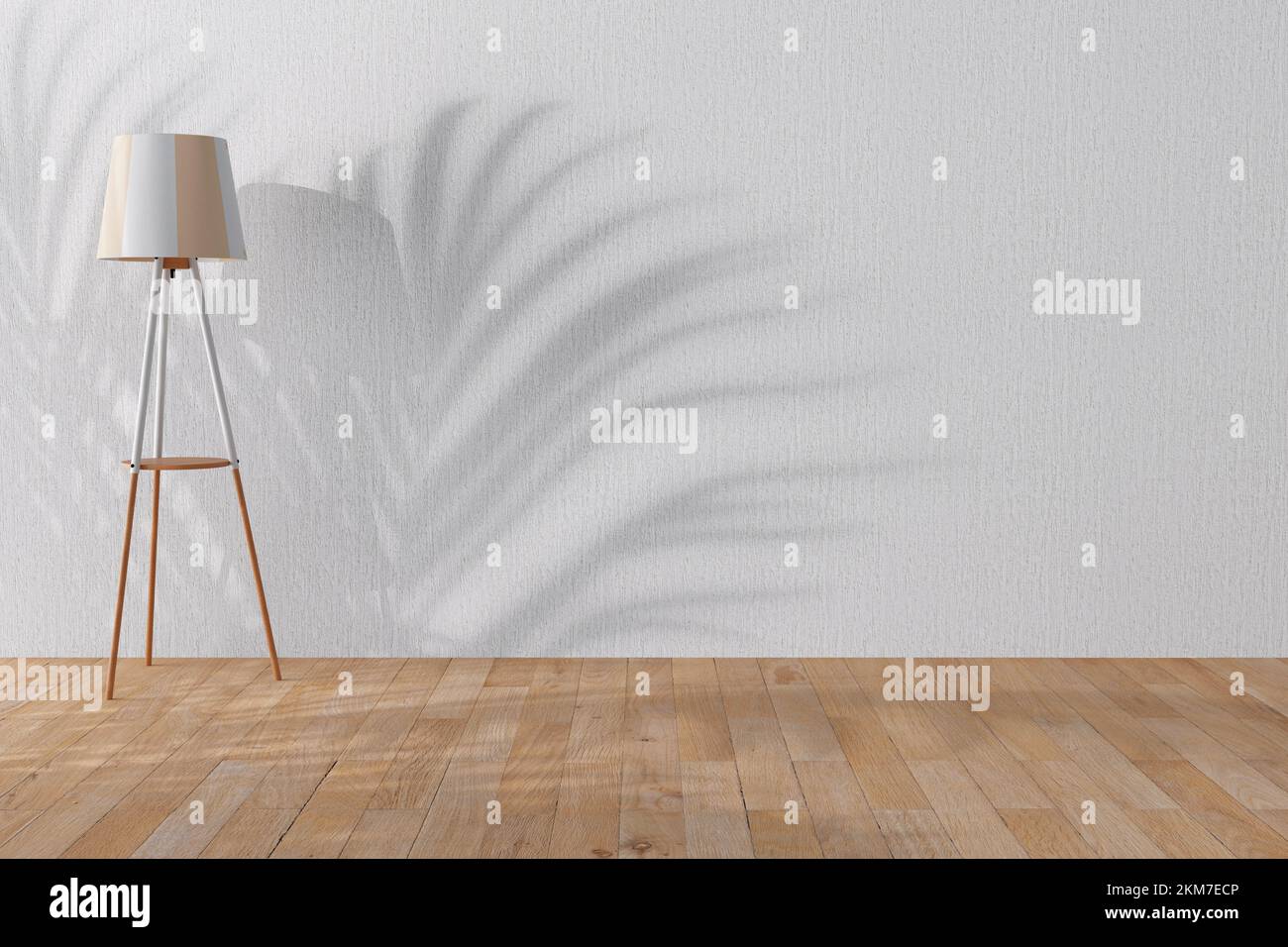 Loft confortevole e decorativo con due letti, soggiorno, camera da letto e lampada da pavimento per ufficio con ombra e gamba in legno in Abstract stanza vuota estrema primo piano. rendering 3D Foto Stock
