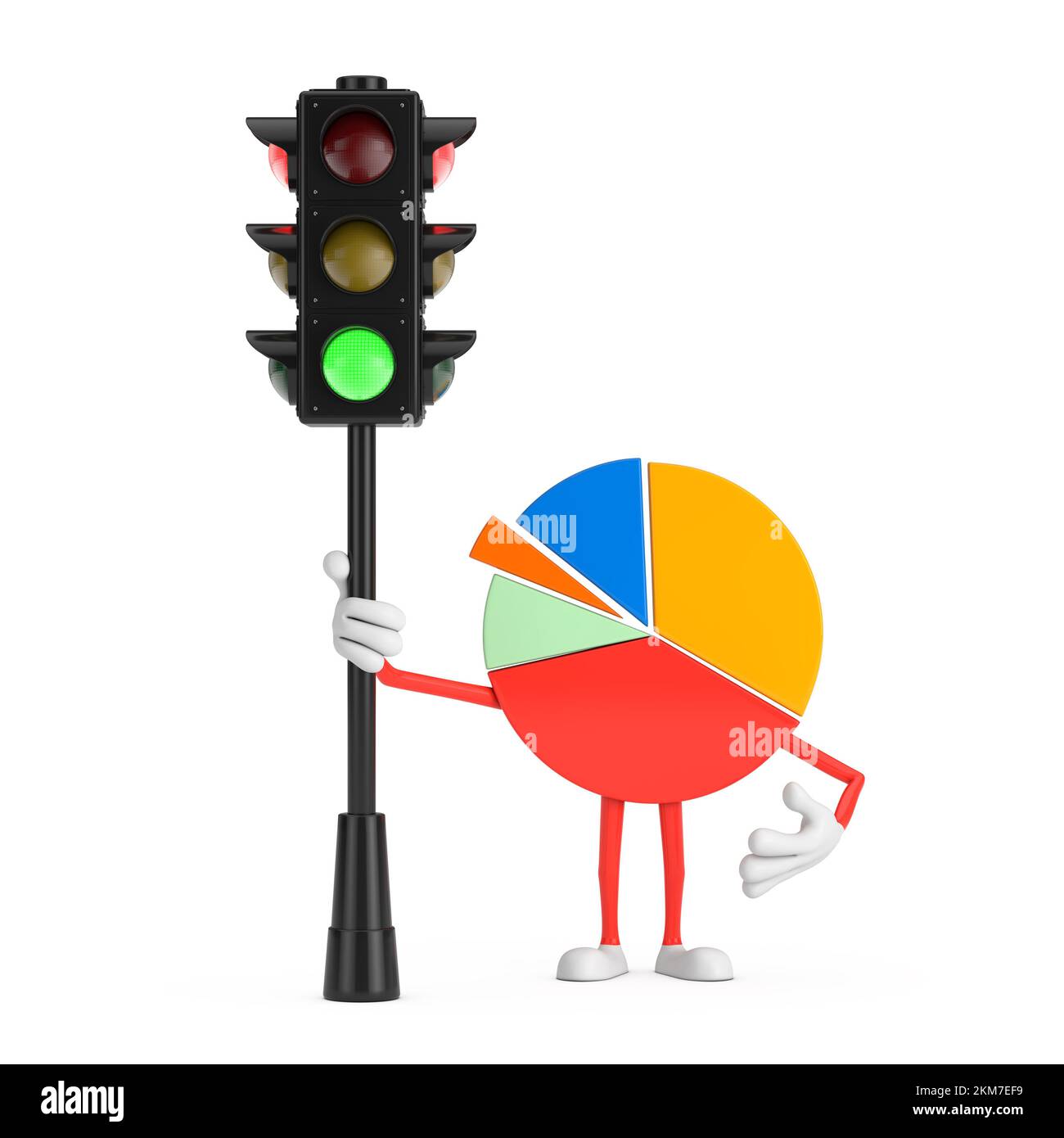 Info Grafica Business Pie grafico personaggio con semaforo verde su sfondo bianco. rendering 3D Foto Stock