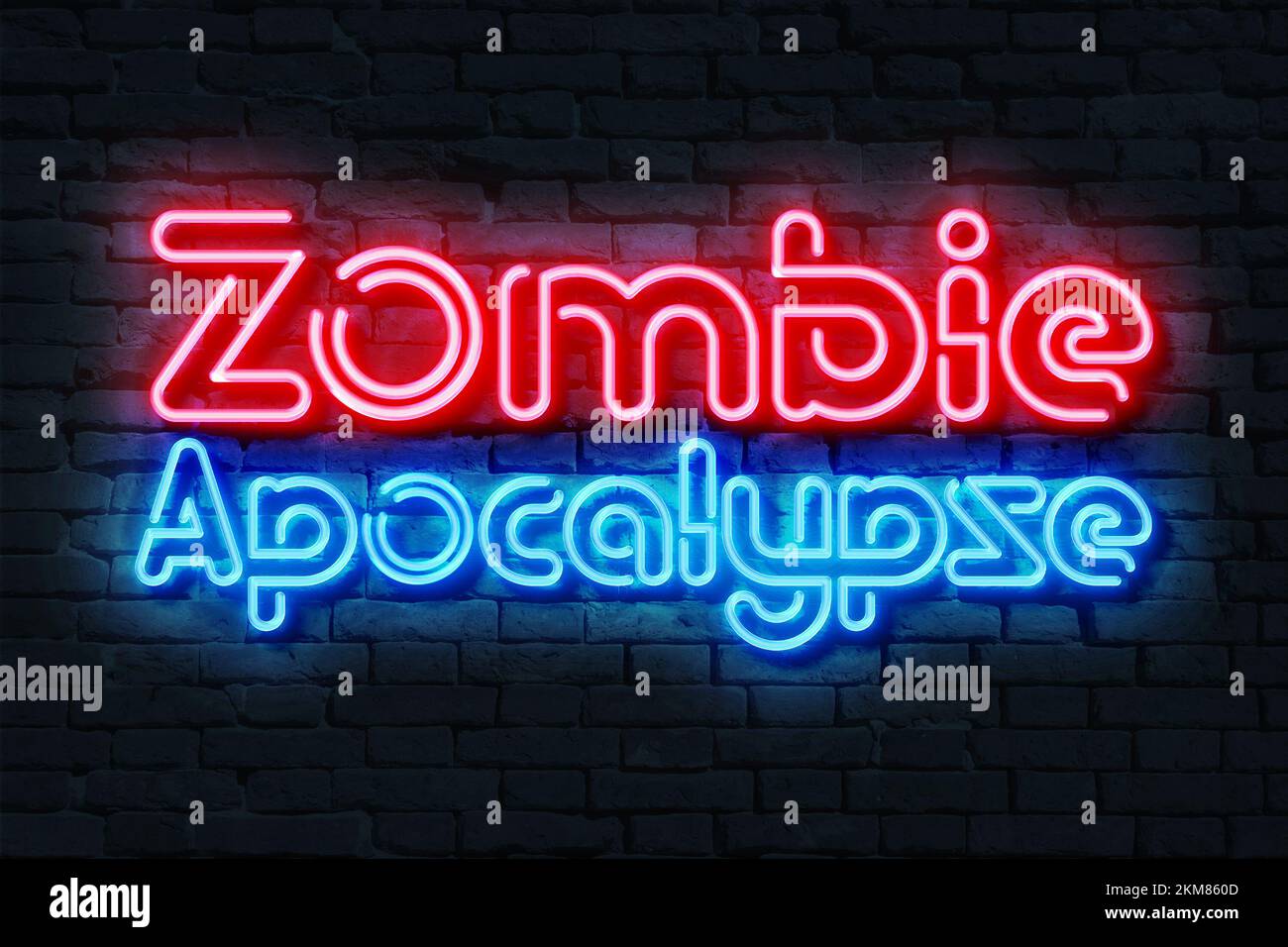 Illustrazione di Zombie Apocalypse Neon Sign 3D su sfondo di mattoni scuri. Foto Stock