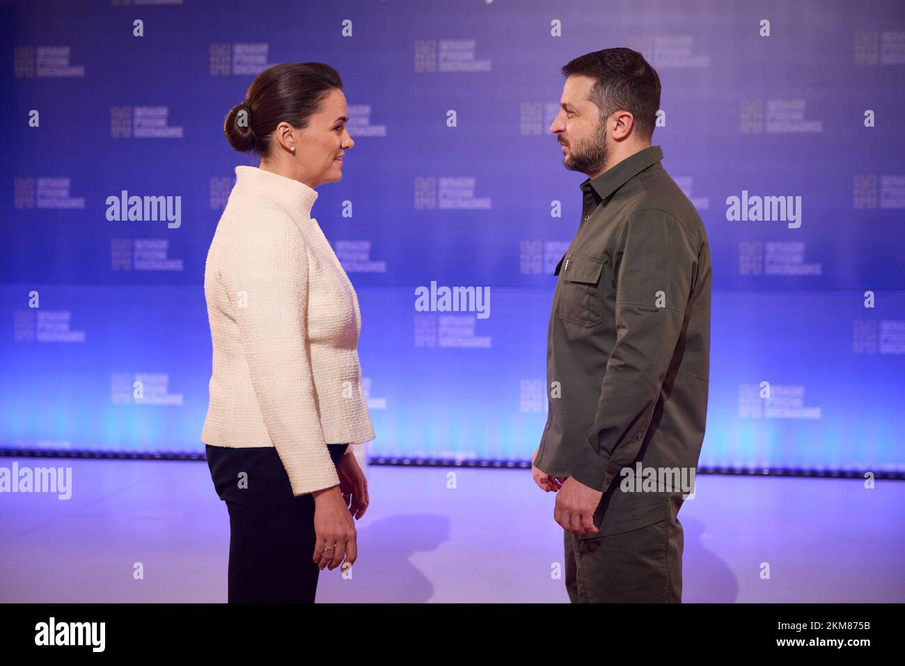 Kiev, Ucraina. 26th Nov 2022. Il presidente ucraino Volodymyr Zelenskyy, a destra, dà il benvenuto al presidente ungherese Katalin Novak, al vertice internazionale inaugurale della sicurezza alimentare sotto il grano dall'Ucraina programma umanitario dal Palazzo Mariinsky, 26 novembre 2022 a Kyiv, Ucraina. Il vertice è il 90th° anniversario della carestia dell'Holodomor che ha ucciso milioni di ucraini sotto il leader sovietico Joseph Stalin. Credit: Presidenza Ucraina/Ufficio stampa presidenziale Ucraina/Alamy Live News Foto Stock