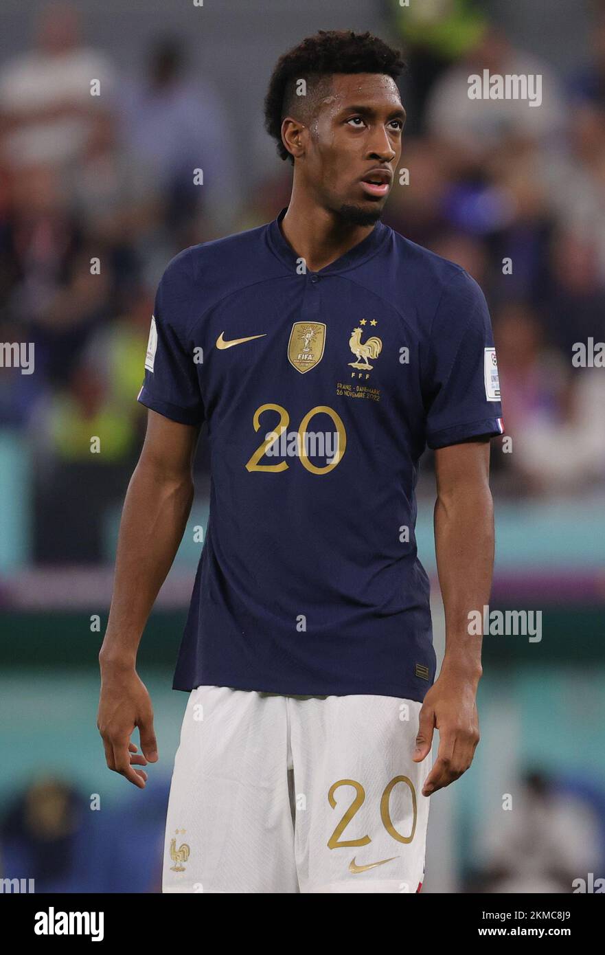 La francese Kingsley Coman ha fatto una foto durante una partita di calcio tra Francia e Danimarca, nel Gruppo D della Coppa del mondo FIFA 2022, allo Stadio 974, a Doha, Stato del Qatar, sabato 26 novembre 2022. BELGA PHOTO VIRGINIE LEFOUR Foto Stock