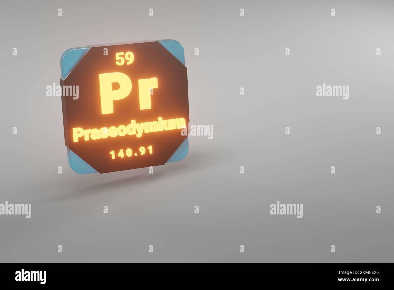 Belle illustrazioni astratte in piedi nero e fuoco praseodimio elemento della tavola periodica. Design moderno con elementi dorati, rendering 3D Foto Stock