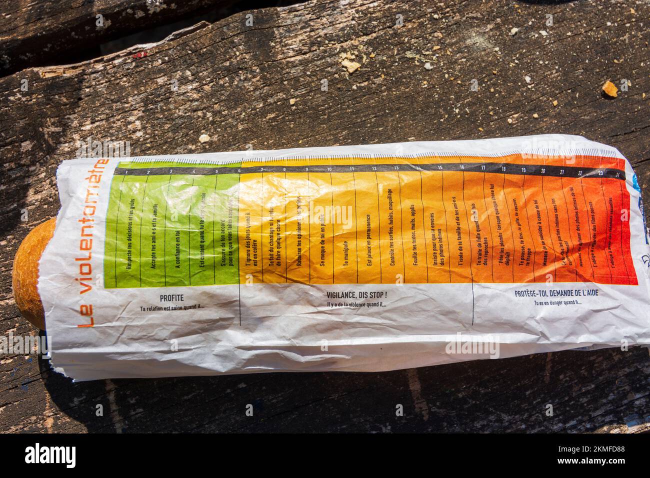 : Sacchetto di carta con baguette che mostra una scala di violenza domestica in , , Francia Foto Stock