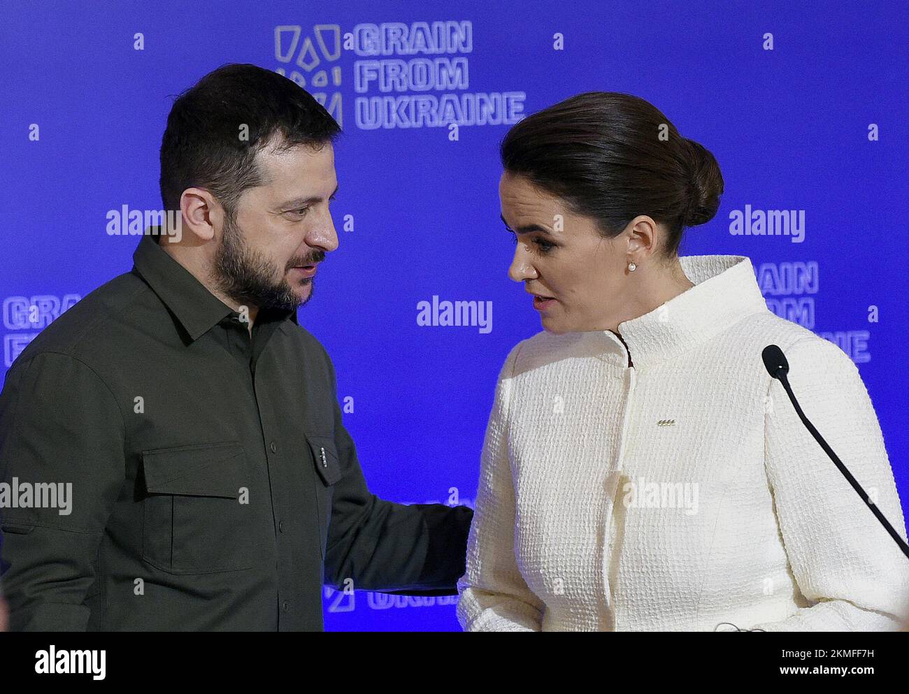 KIEV, UCRAINA - 26 NOVEMBRE 2022 - il presidente dell'Ucraina Volodymyr Zelenskyy (L) e il presidente dell'Ungheria Katalin Novak sono stati raffigurati durante una conferenza stampa a seguito del vertice internazionale inaugurale în sicurezza alimentare sotto il programma Grain from Ukraine, Kiev, capitale dell'Ucraina. Foto Stock