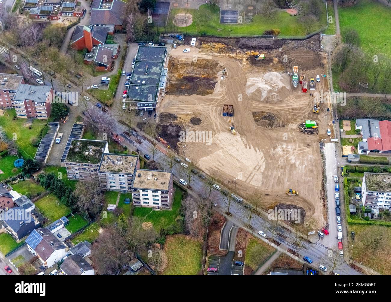 Veduta aerea, cantiere Schwechater Str. 38 nel distretto di Rentfort a Gladbeck, Ruhr, Renania settentrionale-Vestfalia, Germania, lavori di costruzione, BU Foto Stock