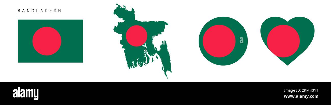 Icona bandiera Bangladesh impostata. Bangladese pennant in colori e proporzioni ufficiali. Rettangolare, a forma di mappa, circolare e a forma di cuore. Illustrazione piatta Foto Stock