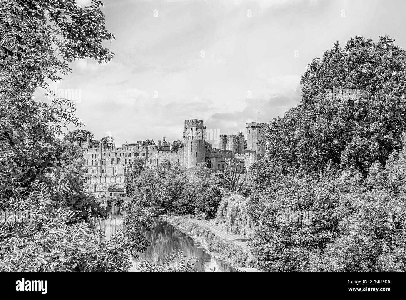 Warwick Castle in bianco e nero, Warwickshire, Inghilterra, Regno Unito Foto Stock