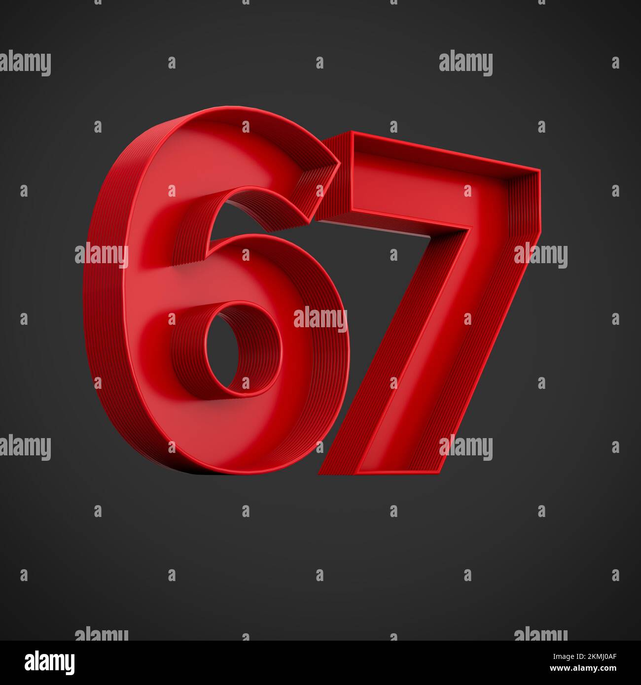 Un rendering 3D del numero sessantasette in rosso sullo sfondo nero - icona 67 Foto Stock