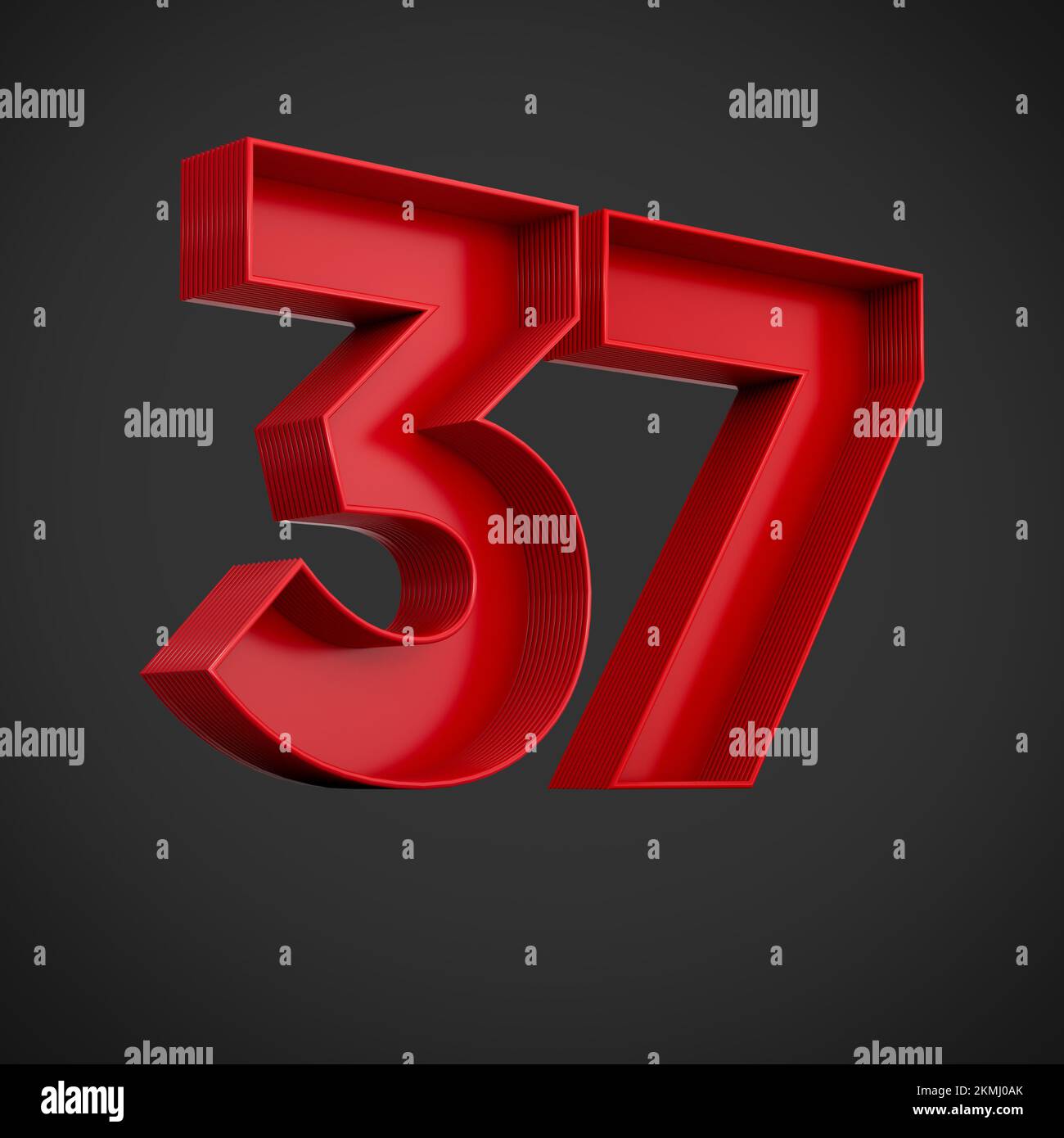 Un rendering 3D del numero trentasette in rosso sullo sfondo nero - icona 37 Foto Stock