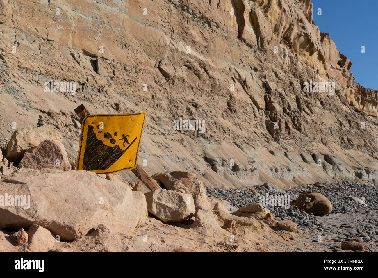 Un cartello Fallen avverte i visitatori di frane lungo il promontorio sulla spiaggia statale di Torrey Pines a San Diego, California. Foto Stock